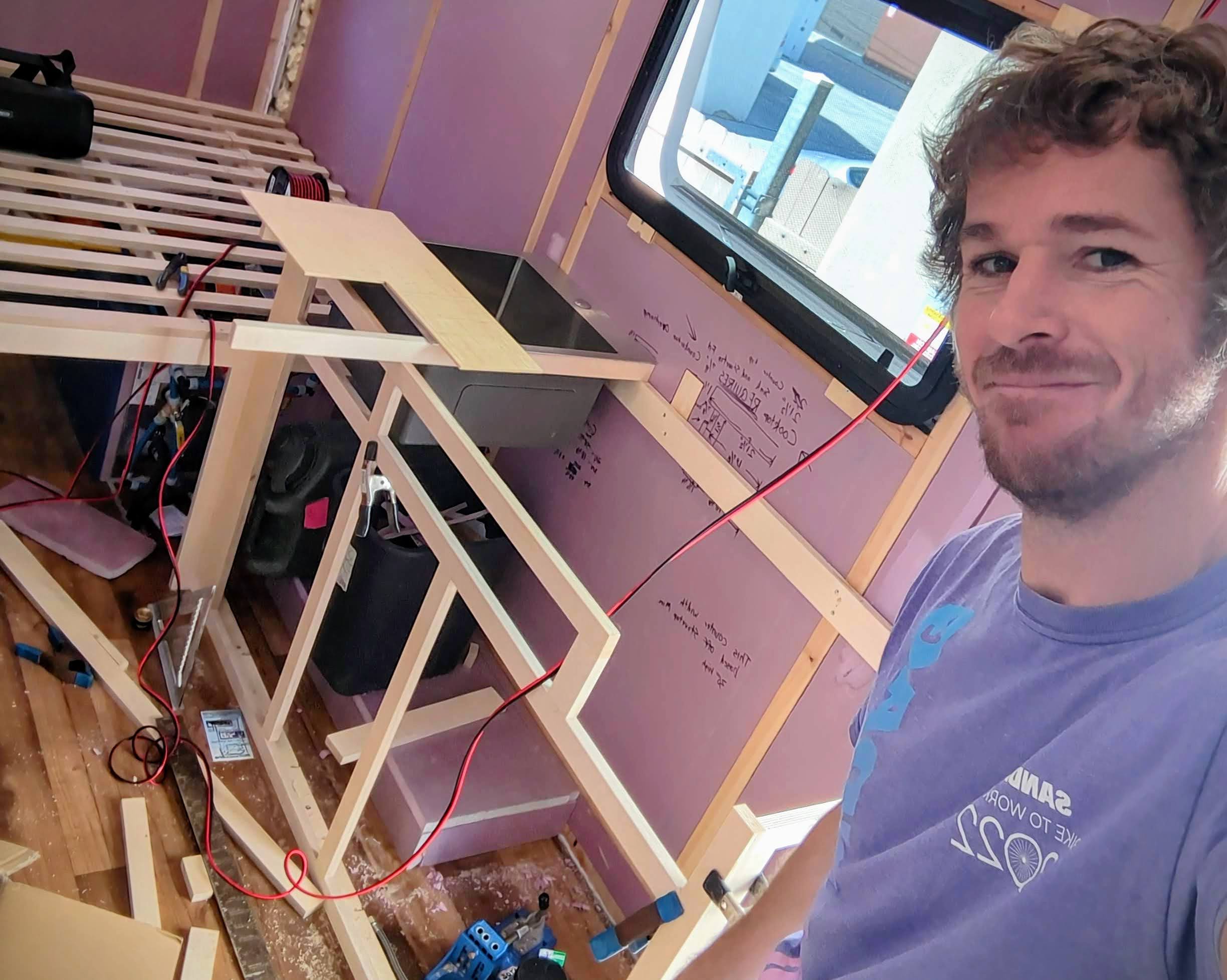 Mitch Nodland building the custom ski van interior framing