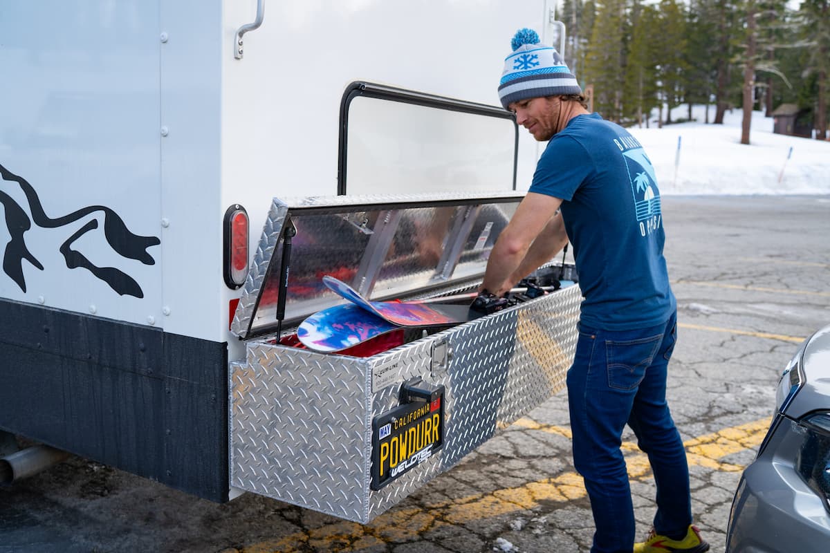 Custom rear ski box holding 5 pairs of skis